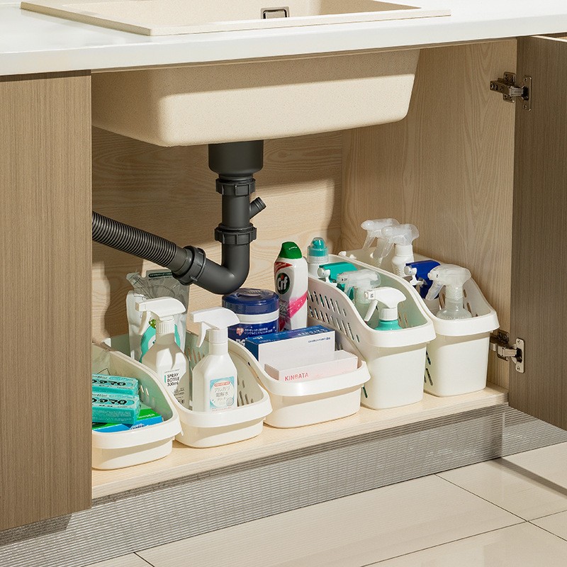 Cabinet Storage Box Under the Kitchen Sink Clutter Storage Basket Removable with Pulley Storage Basket Plastic