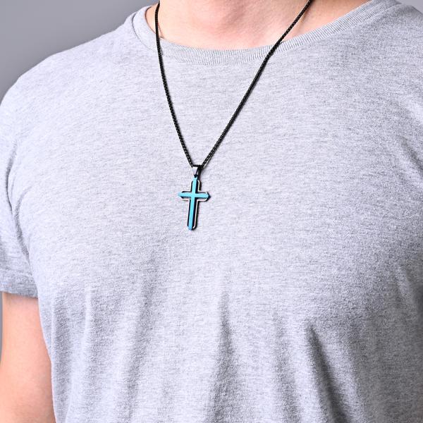 Vente à chaud Croix pendentif bleu et rose or Choker de prière métallique pour hommes Colliers en acier inoxydable Joyaux fin