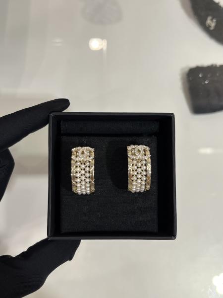 Light Gold Double C Pearl Hoop Earrings 18k Gold Plated