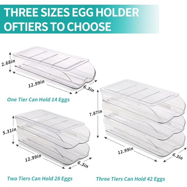 Egg Holder For Fridge, Automatic Rolling Egg Container For Refrigerator, Stackable Fridge Organizers And Storage With Lid, Clear Plastic Egg Dispenser & Tray