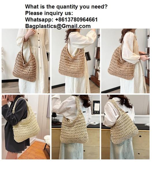 Bolsas Personalizadas Logo Bolsos De Paja Tejida Custom Raffia Clutch Woven Crochet Shoulder Women Handbags Beach Straw Bag Mesh Beach Bag Crochet Tote Bag Straw Crochet Purses for Women Raffia Tote