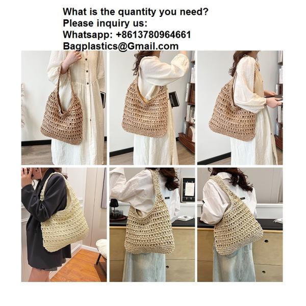 Bolsas Personalizadas Logo Bolsos De Paja Tejida Custom Raffia Clutch Woven Crochet Shoulder Women Handbags Beach Straw Bag Mesh Beach Bag Crochet Tote Bag Straw Crochet Purses for Women Raffia Tote