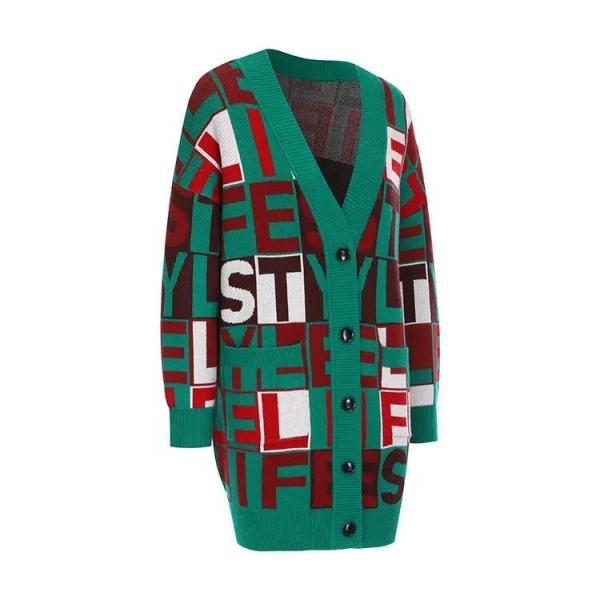 V Neck Puffer Down Coat Long Sleeved Monogram Jacquard Knitted Cardigan Coat