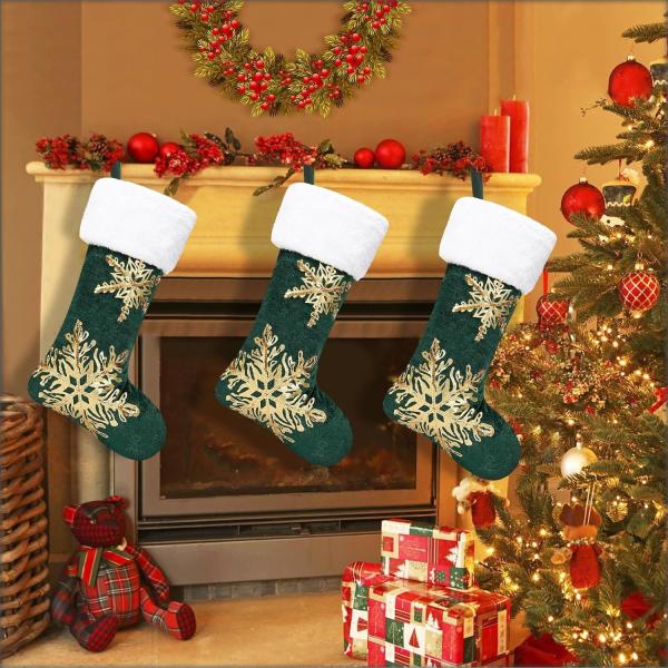 3PC Christmas Stocking,Sequin Hanging Stocking Decorations Christmas Party Family Decor (Green)