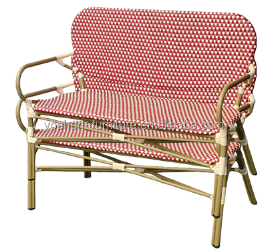 Outdoor French Bistro Rattan Sofa Bench Chair Rattan Restaurant Sofa Burgundy Red for Hotel Resort