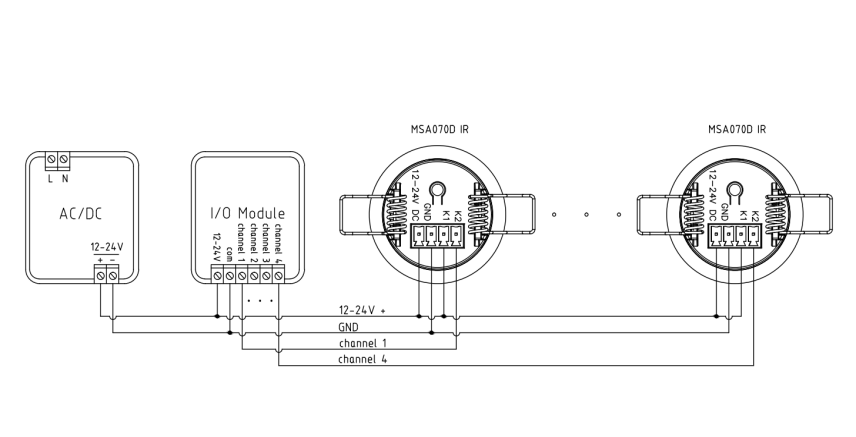 35mm cut-out Mini-motion detector with operating voltage 12-24Vdc and dry contact mode