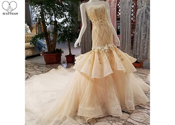 Puffy Tailor Made Prom Dresses / Champagne Fishtail Prom Dress Lace Flowers