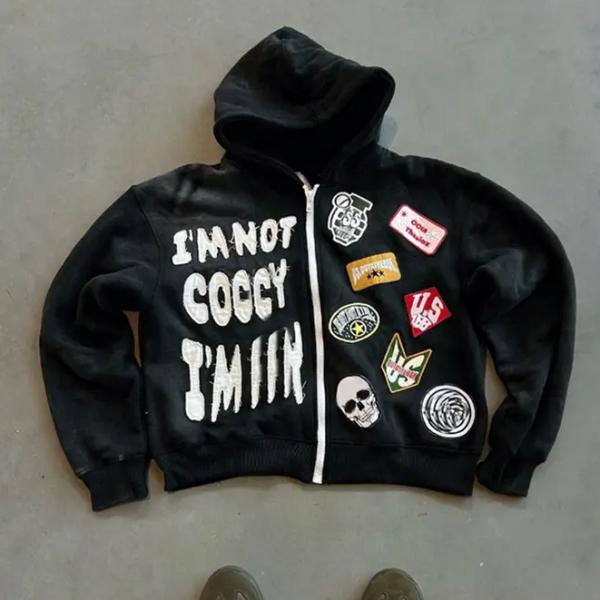 Custom Zip Up Heavyweight Cotton Terry Hoodie with Box Fit and Distressed Patch Embroidery Seasonal Essential