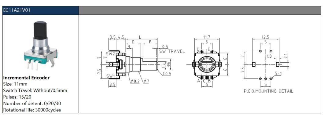 Ротационный кодировщик 11 мм EC11A21V01 с контактной щеткой