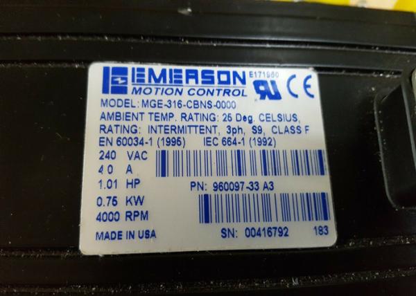 0.75KW MOTION CONTROL INDUSTRIAL SERVO MOTOR MGE-316-CBNS-0000 4000RPM 1.01HP 4.0A 240VAC