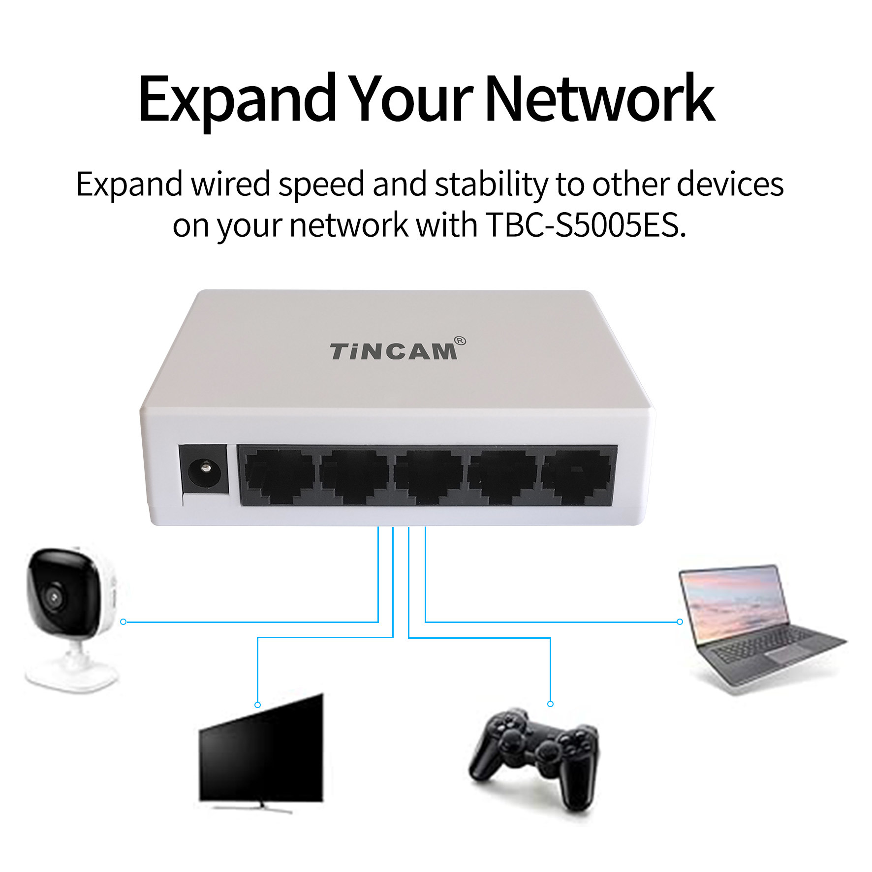 5-Port Gigabit Ethernet Switch Unmanaged Plug & Play Network Switch 10/100/1000Mbps RJ45 Desktop Plastic Housing External 5V Power Adapter TBC-S5005ES