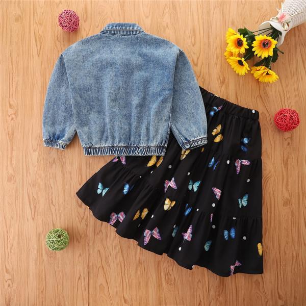 Children'S Outfit Sets Girls Long Sleeve Denim Jacket Butterfly Print Skirt Suit
