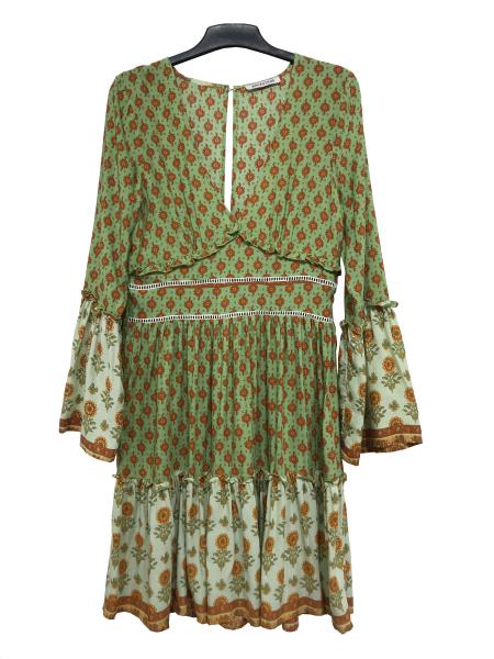 Green Large Size Ladies Clothes Outsize Womens Clothing With Flare Sleeve And White Trim