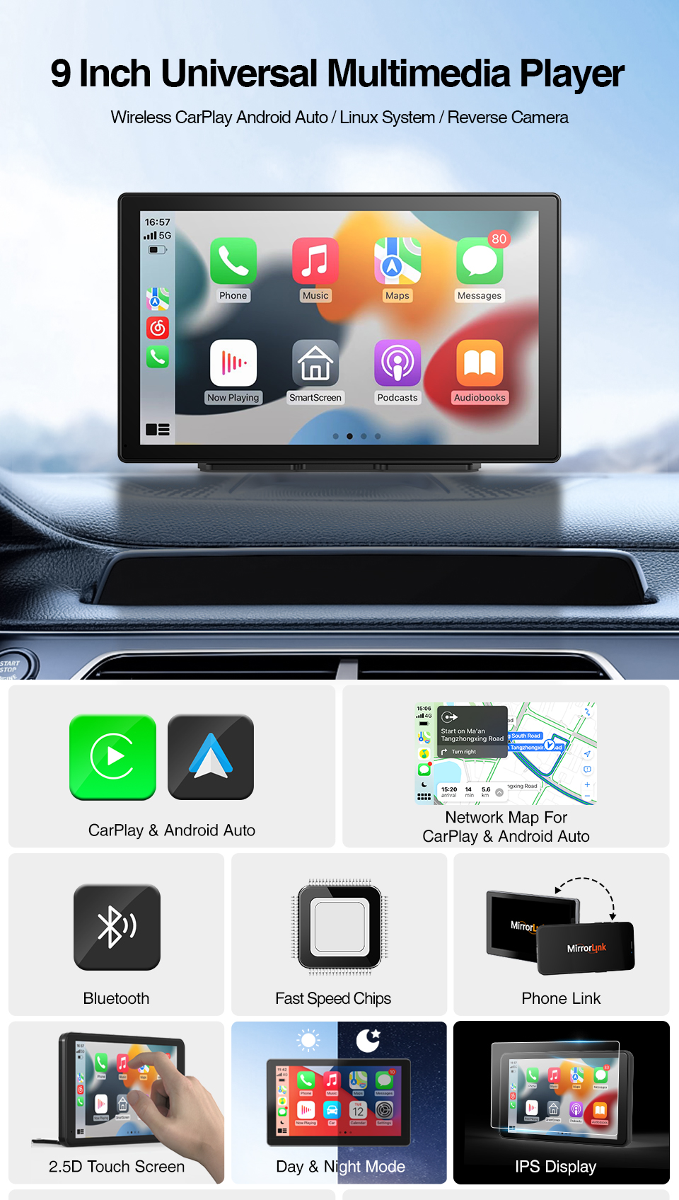 GRANDnavi Wifi BT портативное навигационное устройство универсальное 9 дюймовое Linux System CarPlay Android Auto Mirror Link