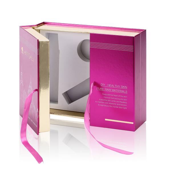 Silver Color Hot Stamping Craft Beauty Cosmetic Box Packaging with Silk Ribbon