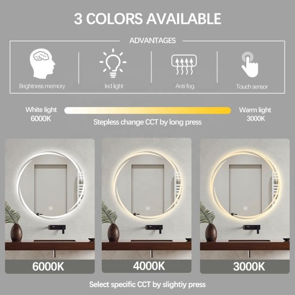 Modern Round Bathroom Mirror Anti Fog Waterproof Wall Mounted Lighted Makeup Mirror