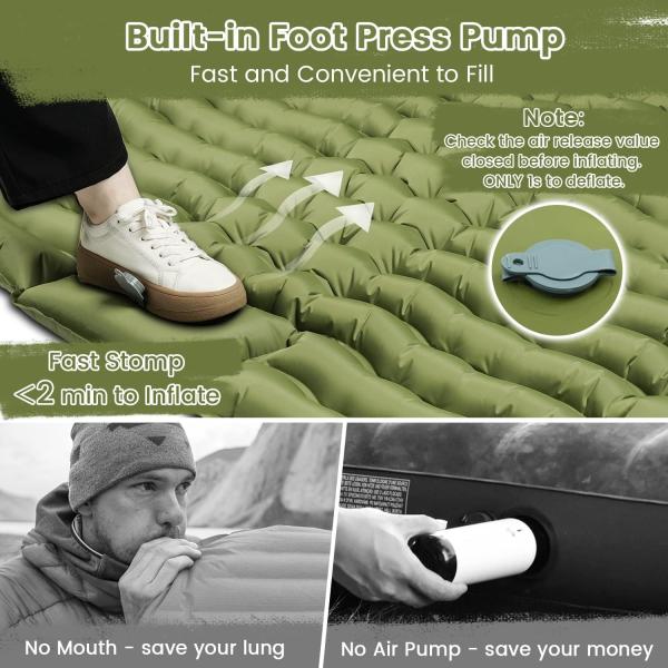 Double Sleeping Pad Camping, Camping Self Inflating 4 Extra-Thick Camping Pad 2 Person Pillow Built-in Foot Pump