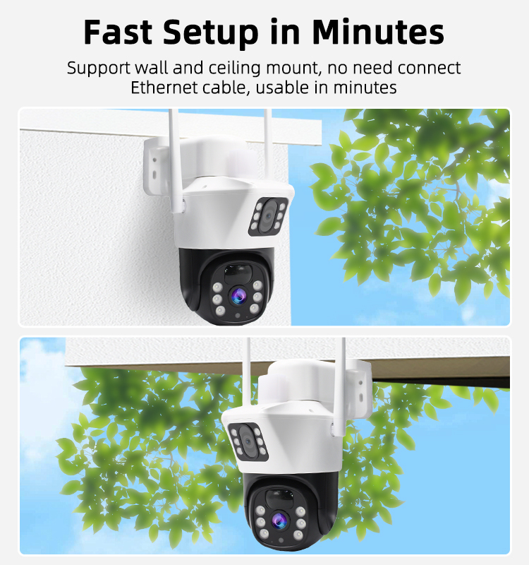 4MP Dual‑Lens Solar Security Camera, Wireless WiFi PTZ Camera with 6.5W Solar Panel 15600mAh Battery, 355° Pan 90° Tilt, PIR Human Detection, Two‑Way Audio, IP65 Waterproof Outdoor Surveillance Camera