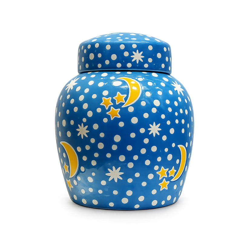 Glossy Blue Ceramic Cremation Urn with Moon Pattern