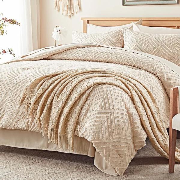Juego de edredón con mechones beige de 7 piezas para cama queen de microfibra