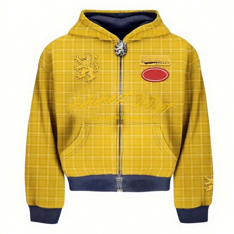 Men’s Vintage Blue Plaid Zip-Up Hoodie | Gold Lion Crest Embroidery & Patches | Oversized Streetwear Style