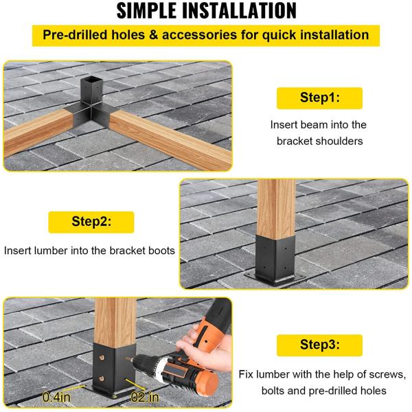 Kit de apoio de aço de extensão de pergola de 5 vias / braço 6x6 para estrutura de vigas de madeira durável