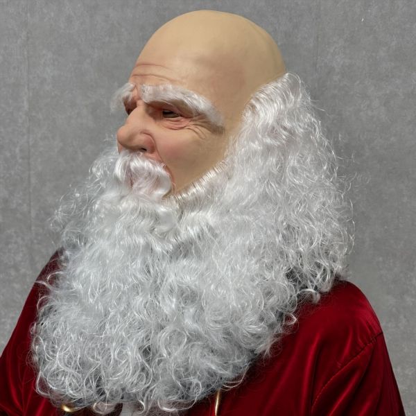 Realistic Santa Claus Mask Bald Old Man Latex Headgear with Long White Beard Christmas Cosplay Costume Prop
