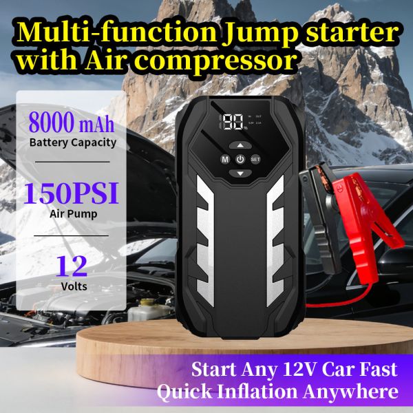 8000mAh 12V Portable Car Jump Starter with Integrated Tire Inflator and Air Compressor Kit