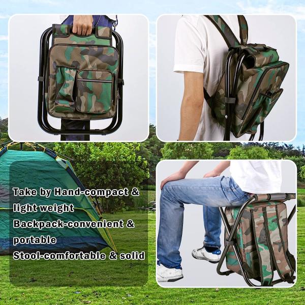 Folding Stool Backpack Insulated Cooler Bag, Collapsible Camping Hunting Fishing Multifunction Chair Front Pocket