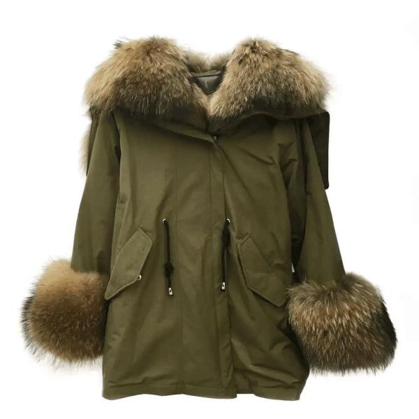                  High Quality Thick Warm Raccoon Fur Parka Jackets Fashion Winter Down Padded Real Fur Lining Puffer Coat for Womens             