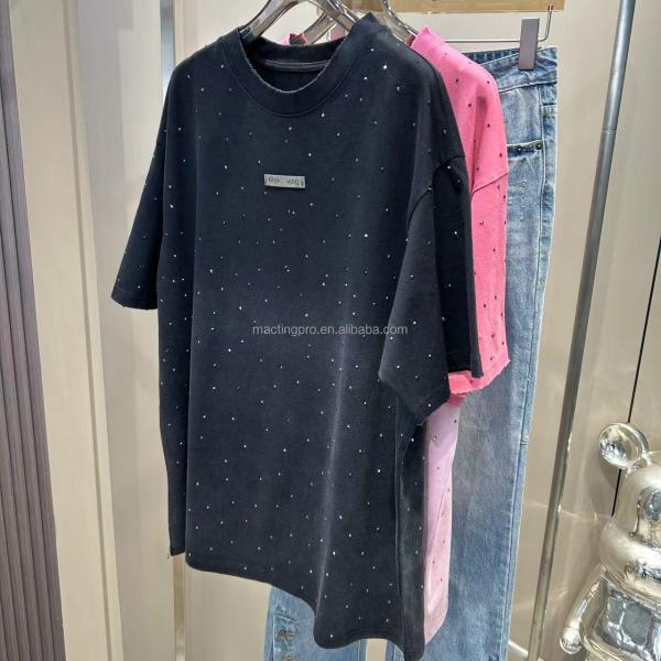 250Gsm Mens Rhinestone T Shirts Unisex Cotton T Shirt With Vintage Wash Oversized Fit In Pink Acid Wash