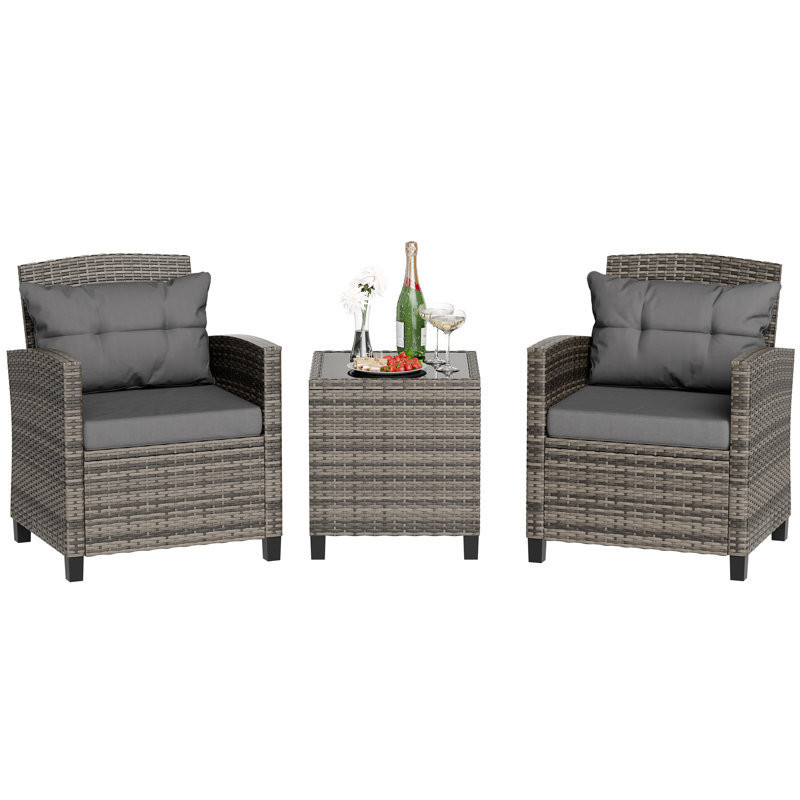 Outdoor Bistro Set Rattan Garden Chair 2 Seating Patio Set Group with Coffee Table by AJUNION
