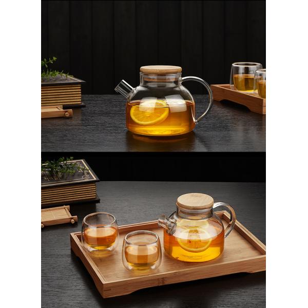 Large Spout 1000ml Clear Glass Teapot Safe Water Kettle With Bamboo Lid