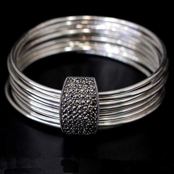 Women Nine Rows 925 Sterling Silver Marcasite Charm Bangle Bracelet(SY50013)