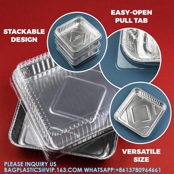 Heavy Duty Square Aluminum Oblong Tin Foil Pans With Plastic Covers Food Storage Tray Extra-Sturdy Containers