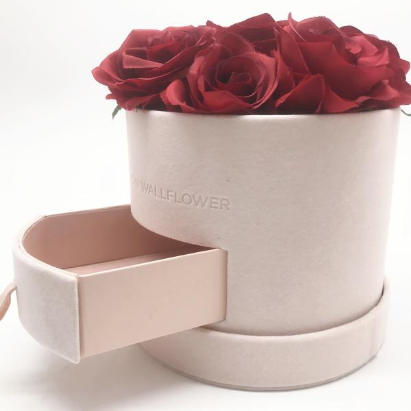 Pink Cylinder Velvet Flower Gift Box With Drawer And Round Floral Box Packaging