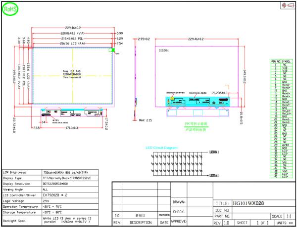 LVDS IPS 10.1 Inch TFT LCD Screen High Resolution 1280x800 Pixels