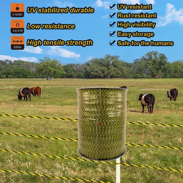 Portable Electric Fence Polywire, Electric Fence Wire with 9 Strands Stainless Steel Conductors for Reliable Conductivity, UV Rust Resistant
