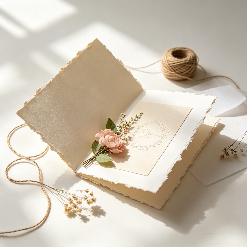 Custom handmade deckle edge wedding invitation with pressed flowers