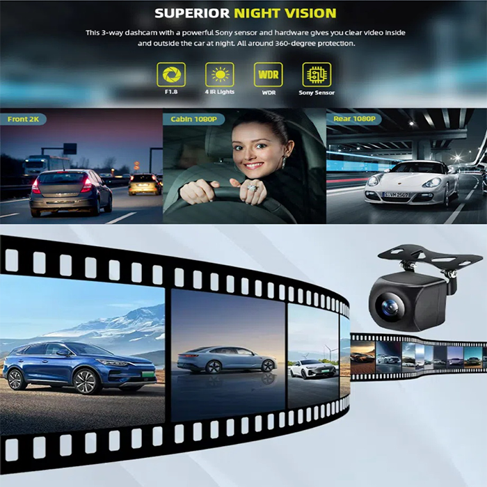 3 Lens Vehicle Dash Cam with 2K Front Camera / 1080P Cabin Rear Car Recorder