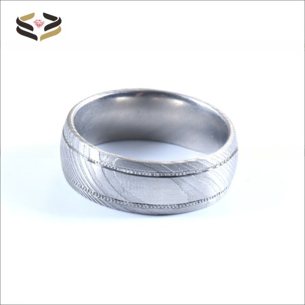 8mm Damascus Steel Men's Wedding Band with Double Gear Groove and Customer's Logo