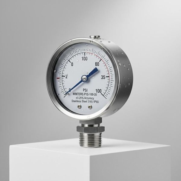 WINTERS P1S-100-35 Series Pressure Gauge with ±0.25% Accuracy Stainless Steel 316 and IP65 Protection