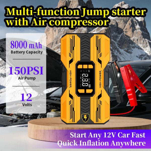 8000mAh Vehicle Emergency Jump Starter with Auto Power Cut Power Bank and Motorcycle Tire Inflator