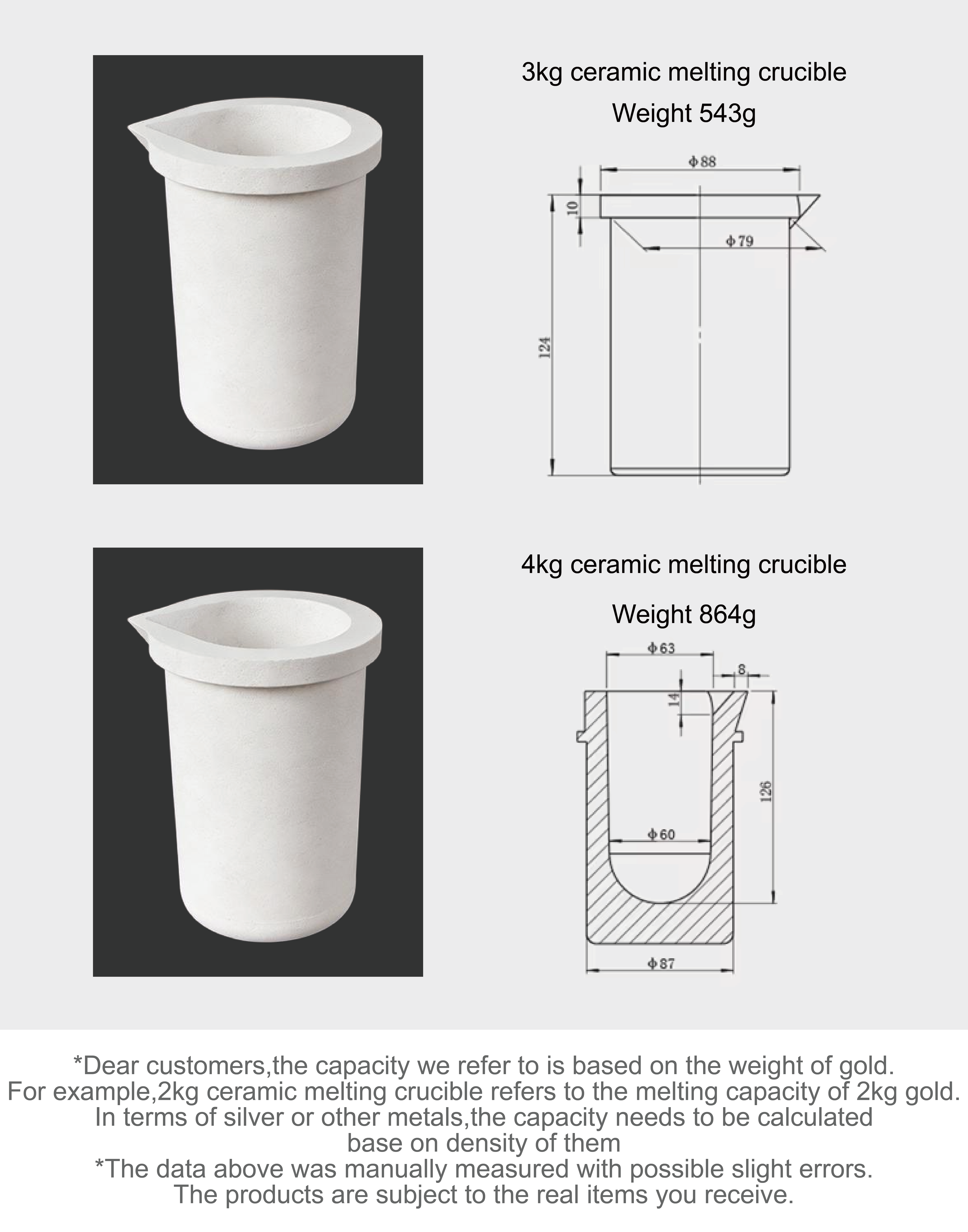 3KG Ceramic Melting Crucible For 3kg PT Melting Furnace