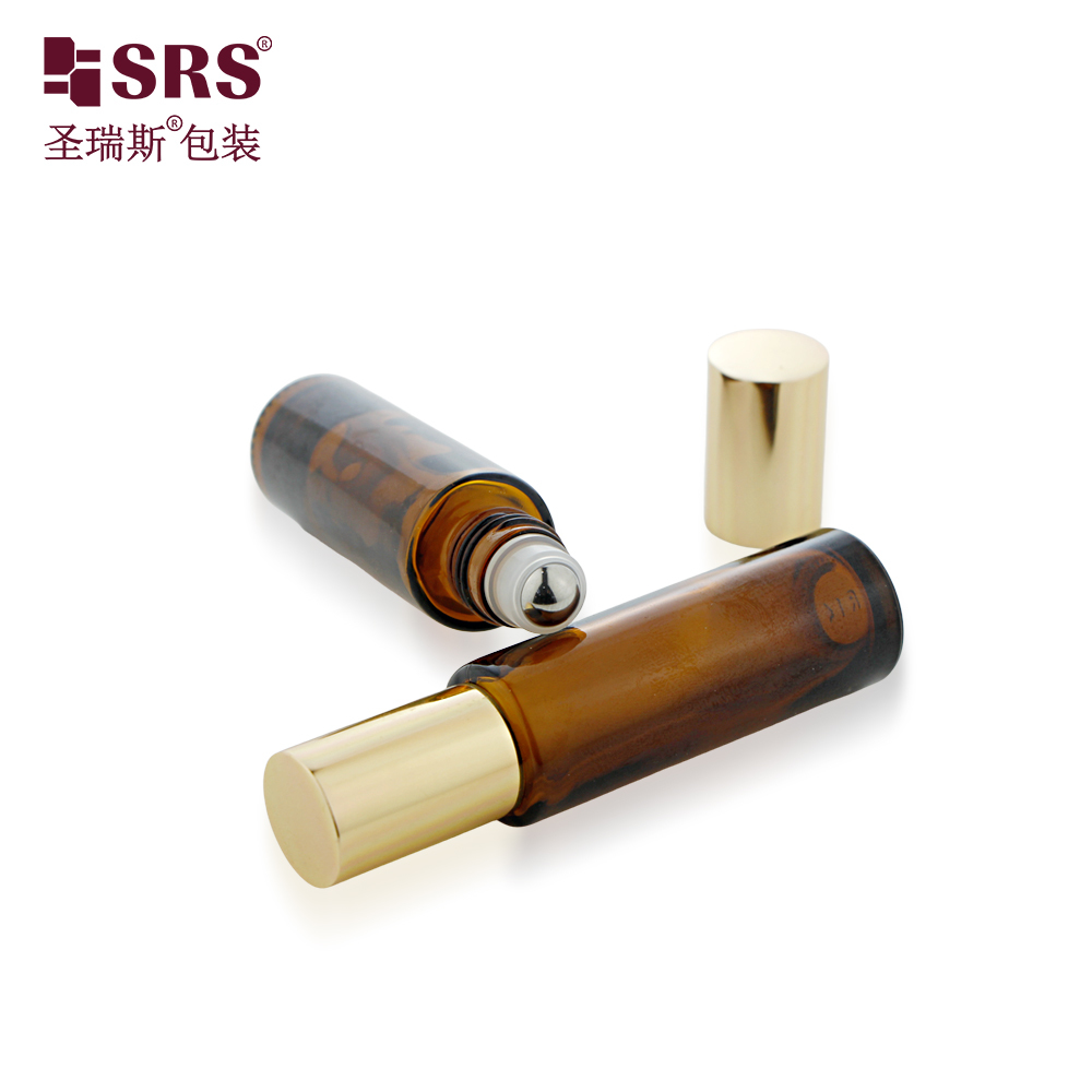 BLPM-15ML Amber Glass Roll‑on Bottle Gold Metal Cap 304 Stainless Steel Roller Ball Essential Oil Perfume Cosmetic Packaging