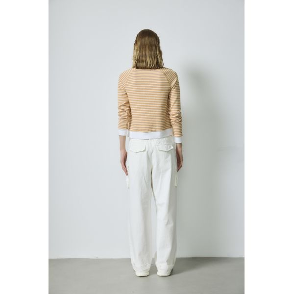Caramel Sweatshirt Sportswear White Striped Birdseye Textured Raglan Sleeve Sweatshirt