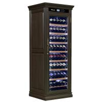 Clásico enfriador de vino de madera marrón oscuro con panel de control táctil y casillero