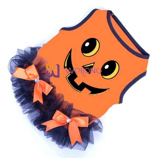 Satin Ribbon Bow Halloween Pet Dress Round Neck Design Pumpkin Dog Dress