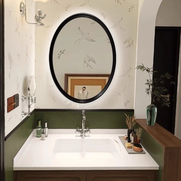French Vintage Carved Frame Smart Bathroom Mirror Energy-Saving LED Light Oval Contour Anti-Fog Modern Salon Apartment Villa