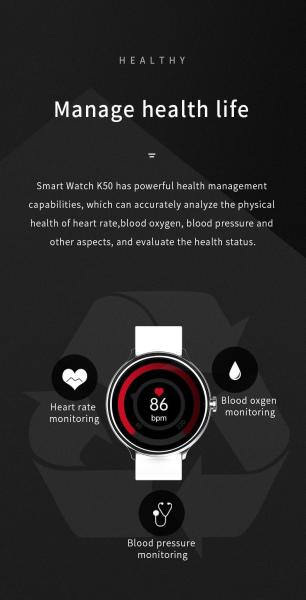 2021 mulheres dos homens do Smart Watch K50 pressão o esporte IP67 impermeável em volta do perseguidor esperto da aptidão do pulso de disparo de Smartwatch para e